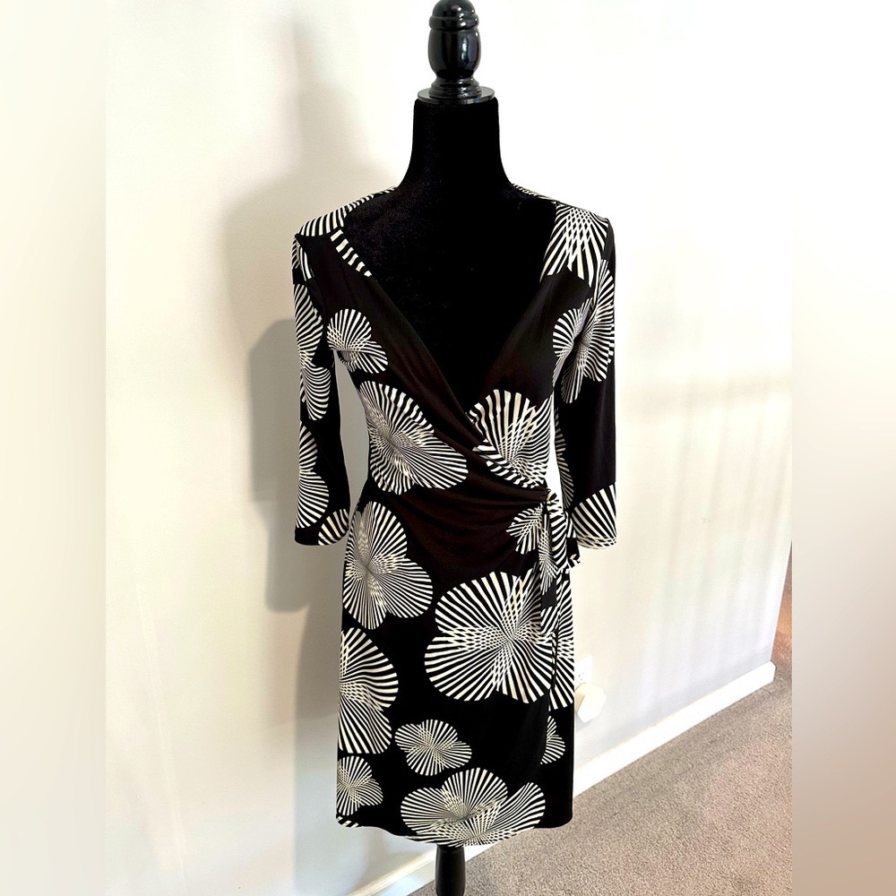 Maggy L Black & White Midi Wrap Dress. Size 8